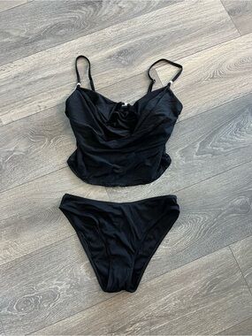 Black Two-Piece Swim Set - Draped Tankini Top & Bikini Bottom